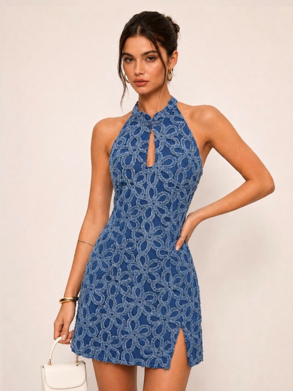 Commense 3D Floral Frog Button Denim Mini Dress